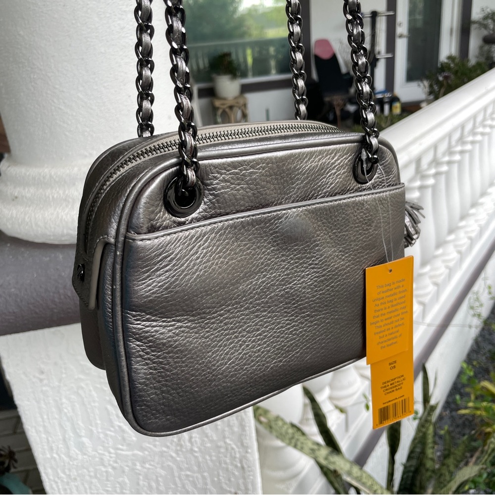Silver Metallic Tory Burch Chainlink Leather Shoulder Bag - Picture 4 of 5